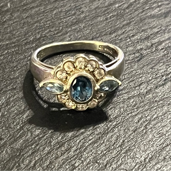 Vintage Sterling Silver 925 Blue Topaz And Cz Floral Ring Size 12 - Picture 7 of 16